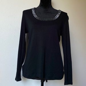 Black Long Sleeve Top w/ Beaded Neckline - Apt. 9